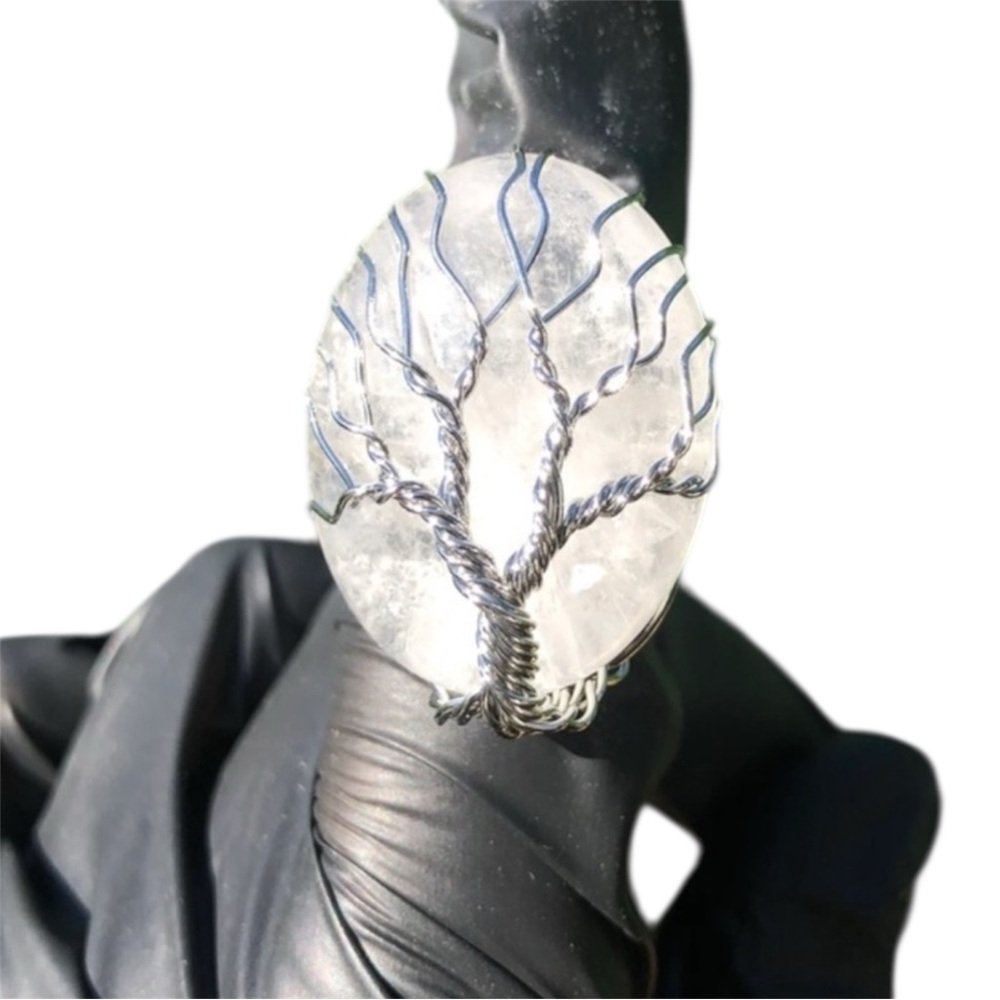 NWT CLEAR QUARTZ TREE OF LIFE ADJUSTABLE SILVER RING FESTIVAL CRYSTALS STATEMENT